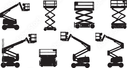 Black Solid Various Aerial Work Platform Silhouettes Set of Six on White Background