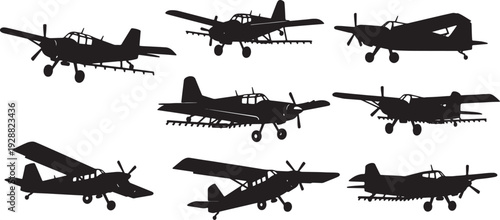 Black Solid Agricultural Aircraft Silhouettes Set of Six on White Background