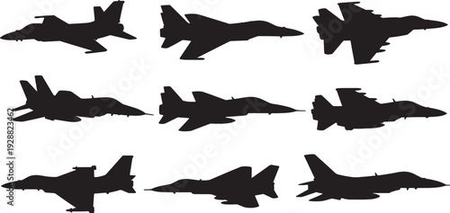 Black Solid Air Defense Interceptor Silhouettes Set of Six on White Background