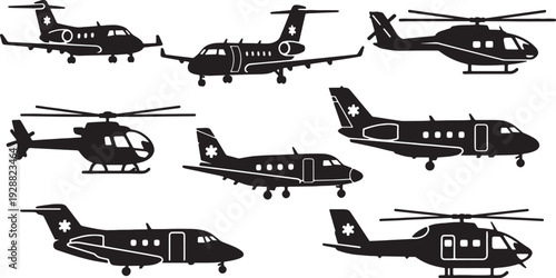 Black Solid Air Ambulance and Medevac Planes Silhouettes Set of Six on White Background