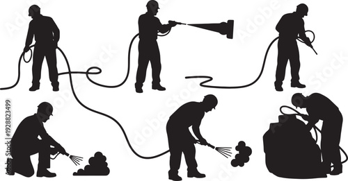 Black Solid Mechanic With Air Hose Silhouettes Set of Six on White Background