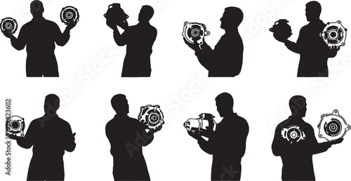 Black Solid Mechanic Alternator Silhouettes Set of Six on White Background