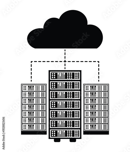 Cloud Server Rack Data Center Hosting Network Infrastructure Flat Glyph Outline Icon Set Vector. 