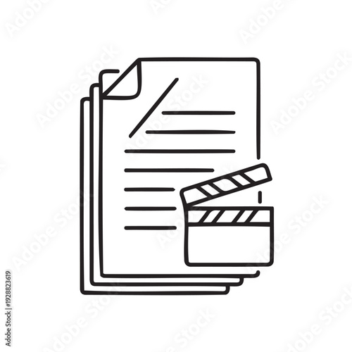 A stack of papers with a clapperboard on top