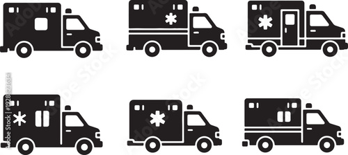 Black Solid Diverse Ambulance Silhouettes Set of Six on White Background