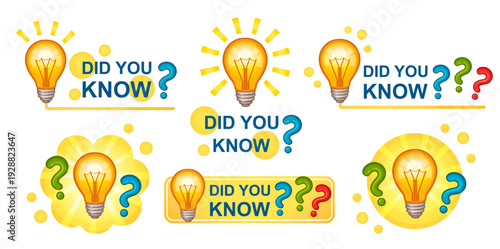Did you know, electric light bulb lamp, question answer mark, interesting education information, important news, learning fun fact. Quick tips.  Help advice. Creative idea, thinking, knowledge. Vector