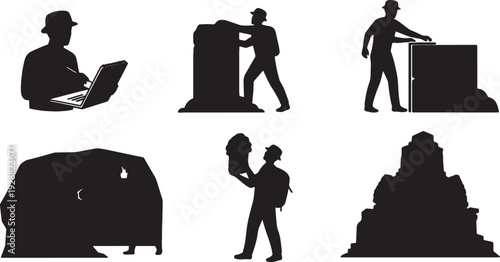 Black Solid Explorer Silhouettes Discovering Ancient Ruins Set of Six