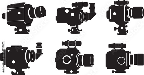 Black Solid Astronomical CCD Camera Silhouettes Set of Six on White Background