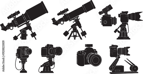 Black Solid Astrophotography Camera Silhouettes Set of Six on White Background
