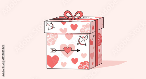 A cartoon-style present box with hearts, arrows, bow, and floral designs