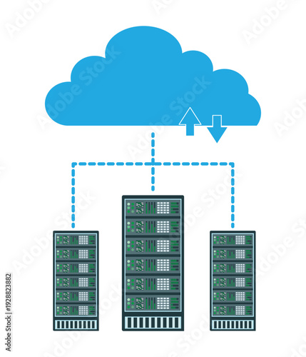Cloud computing server rack icon connected with data storage and network infrastructure concept. 