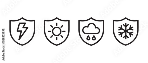Set of Shield Icons. Representing Weather Resistance: Lightning, Sun, Rain, Snow Protection, Vector Graphics.