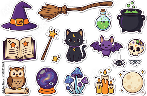 Cute Halloween Witch Vector Sticker Set. Purple magic hat, broomstick and potion isolated.