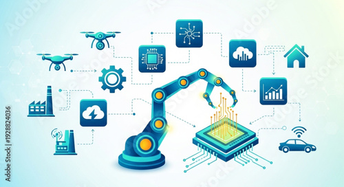 Robotic arm assembling a microchip with smart technology icons.
