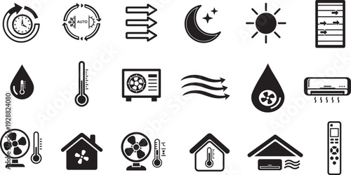 Air conditioning and climate control line icon set. HVAC system symbols including cooling, heating, fan speed, humidity, and smart home temperature control.