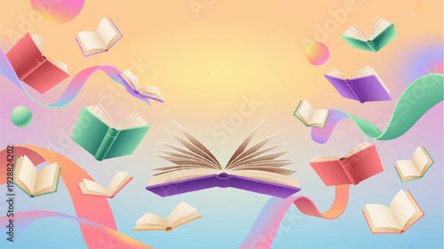 Vibrant 3d illustration of an open book surrounded by colorful pages and ribbons floating in a soft gradient background
