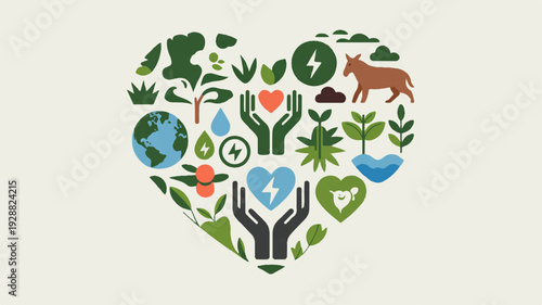 Sustainable living heart icon set for eco friendly concepts and environmentally conscious themes with various nature and conservation symbols