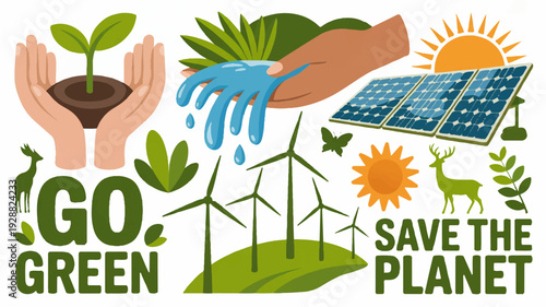 Eco friendly symbols with go green text and sustainable energy sources on white background