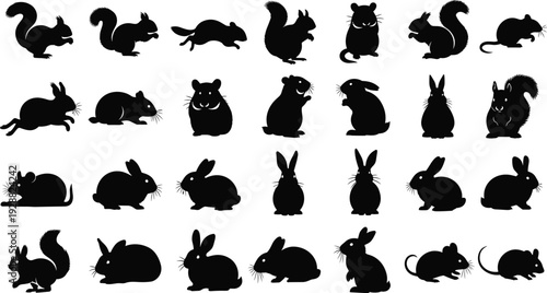 Black rodent silhouette vector collection with squirrels rabbits hamsters and mice isolated on white background for cad drawing flat vector illustration