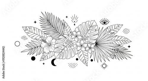 Black and white illustration of tropical leaves flowers and celestial symbols with an eye in the corner on a white background