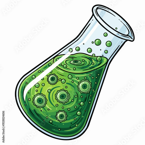 Green bubbling Erlenmeyer flask with liquid.