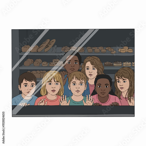 Group of children at window looking outward.