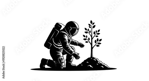 Black silhouette of an astronaut kneeling to plant a small tree on another planet, conceptual vector illustration of space colonization, hope, and environmental sustainability