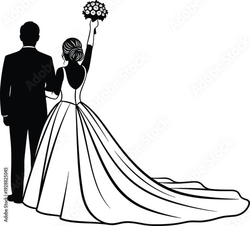 Black silhouette of a wedding couple from behind with the bride wearing a long white dress and holding a bouquet up high.