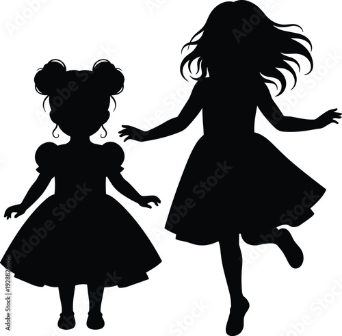 Black silhouette of two little girls wearing dresses with one girl standing and one girl jumping isolated on white background for childhood.