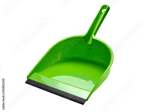 Bright green plastic dustpan with black rubber lip