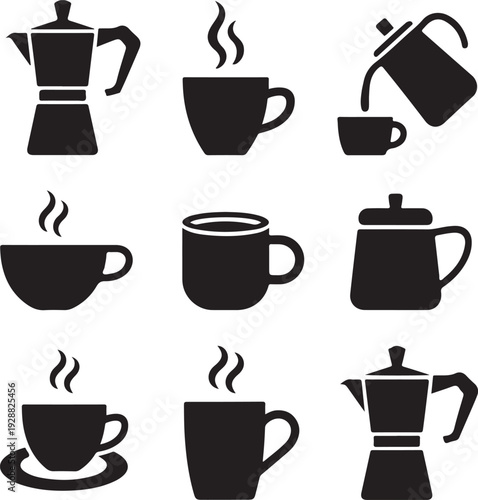 Set of coffee making and serving icons on transparent background