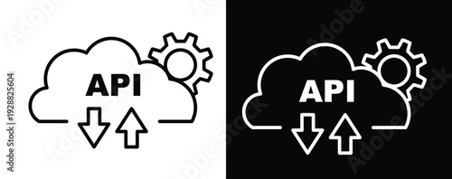 Cloud API data transfer with upload and download automation gear technology icon vector illustration