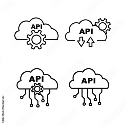 Cloud API Application Programming Interface Upload Download Circuit Gear Outline Blue Icon Collection Vector.