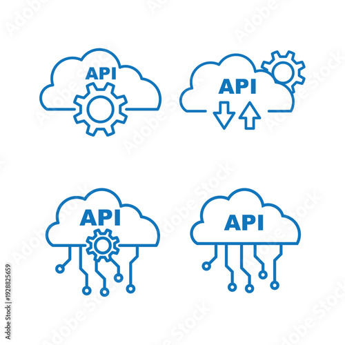 Cloud API Application Programming Interface Upload Download Circuit Gear Outline Blue Icon Collection Vector.