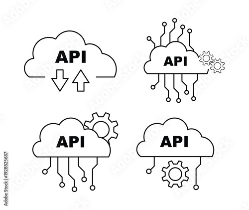 Cloud application programming interface API technology icon set for system integration data exchange automation and software development vector illustration.