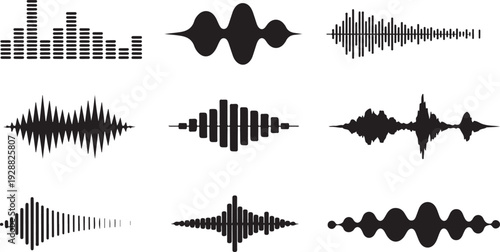 Set of black sound waves and audio equalizer icons on transparent background
