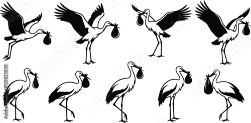 Stork silhouettes carrying baby bundles, flying and standing poses, symbolic birth illustration, parenting and childcare vector art design