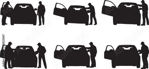 Black Solid Mechanic Interior Check Silhouettes Set of Six on White Background