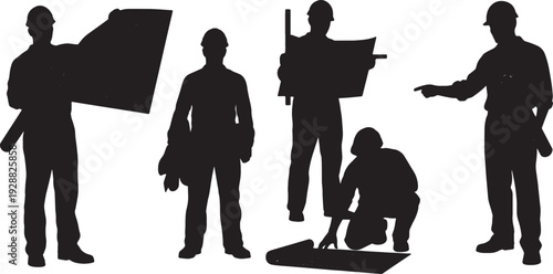 Black Solid Carpenter Plan Silhouettes Set of Six on White Background