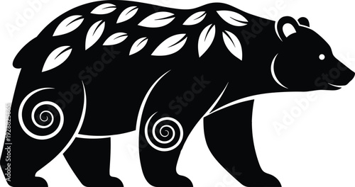 Stylized bear silhouette illustration, decorative leaf patterns, spiral motifs, black and white vector art, symbolic strength, nature inspired design