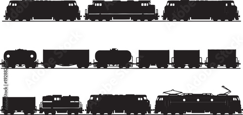 Black Solid Diverse Cargo Train Silhouettes Set of Six on White Background