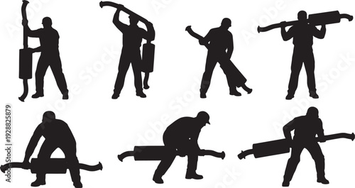 Black Solid Mechanic Carrying Exhaust Silhouettes Set of Six on White Background