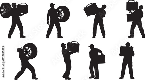 Black Solid Mechanic Carrying Parts Silhouettes Set of Six on White Background