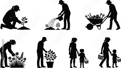 Gardening and outdoor activity silhouettes showing planting, watering, landscaping and family gardening isolated on light background for nature care, sustainability and home garden lifestyle concepts