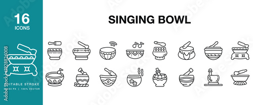 Singing Bowl icon set. Includes singing bowl, bowl, meditation, mindfulness, sound and More. Editable Stroke Icon Collection.