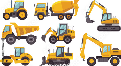 Heavy construction vehicles vector set including excavator, dump truck, cement mixer, bulldozer, loader, tractor and road roller machinery