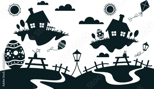 Floating fantasy islands with small houses and easter eggs in clouds