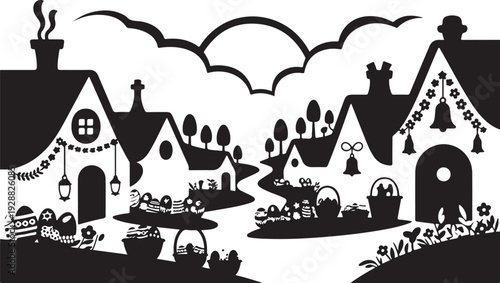 Fairy tale street silhouette with decorated houses and easter eggs