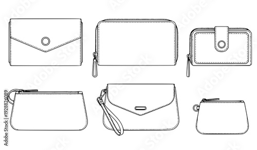 Women wallets and purses line art vector set