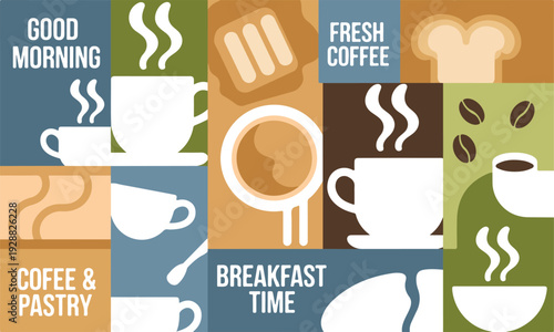 Collage of breakfast and coffee elements with textured placeholders for images